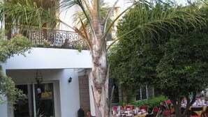 Un área de comedor al aire libre con mesas y sillas, rodeada de vegetación y un edificio con balcón.