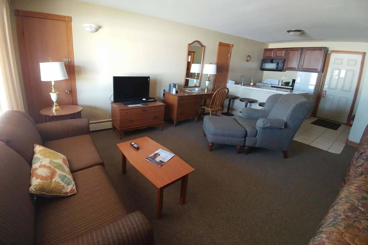 A living room with a sofa, armchair, coffee table, TV, and a small dining area with a microwave.