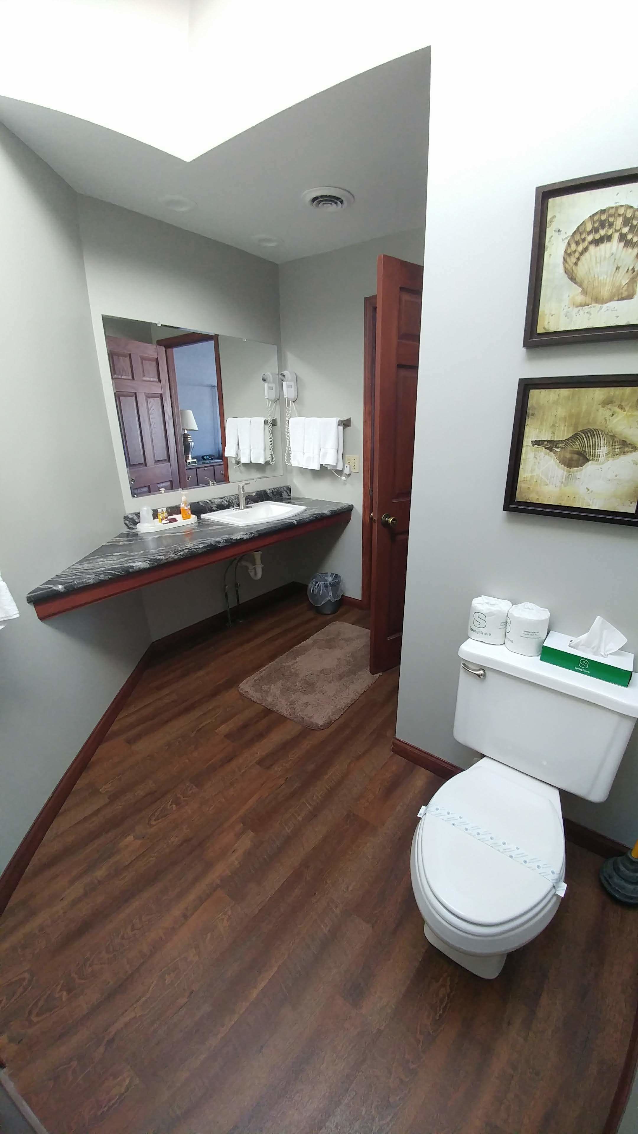 A bathroom with a marble countertop, a toilet, a sink, a mirror, and two framed pictures on the wall.