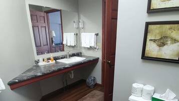 A bathroom with a marble countertop, a toilet, a sink, a mirror, and two framed pictures on the wall.