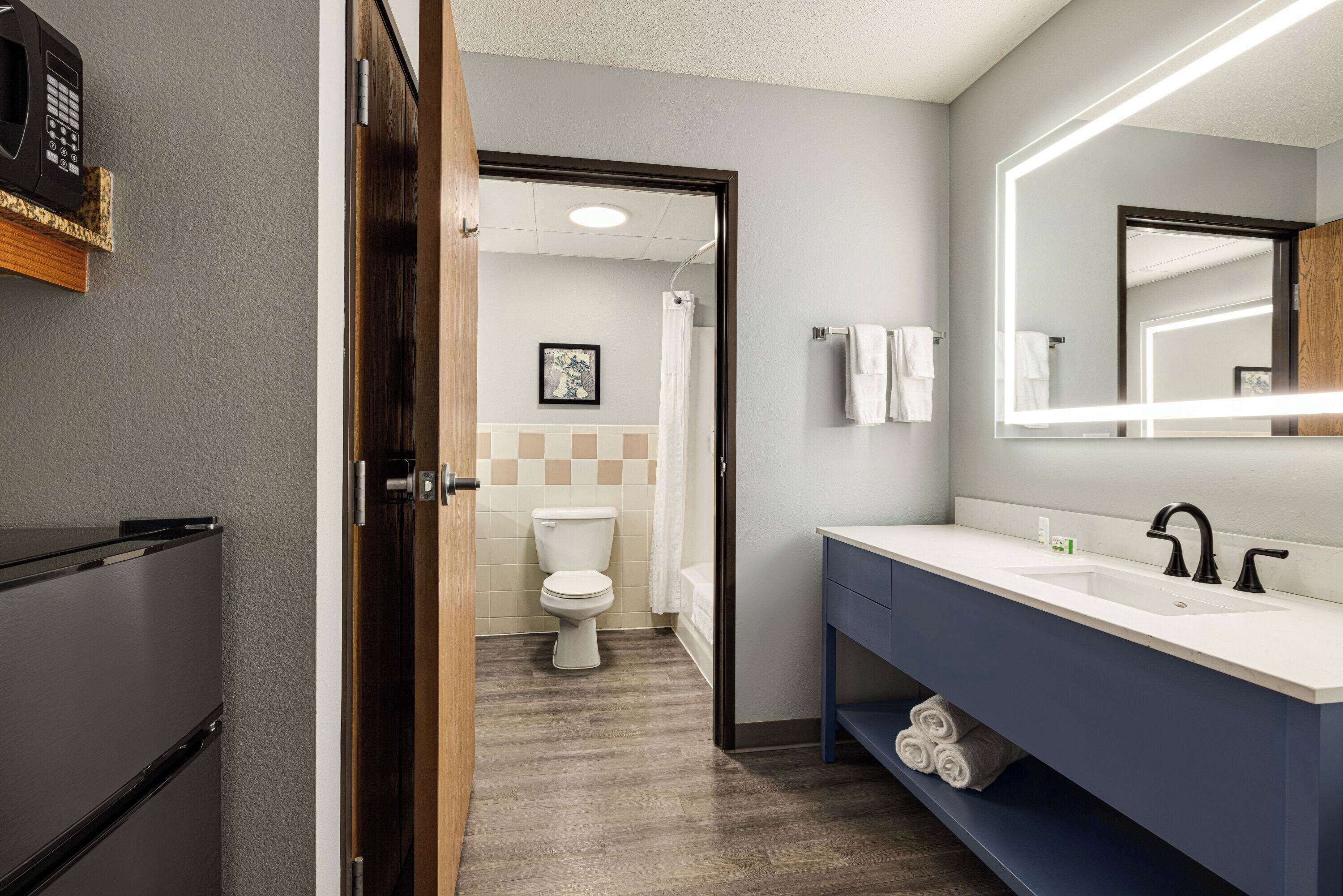 deluxe studio suite, 1 king bed | bathroom | combined shower/bathtub, hair dryer, towels