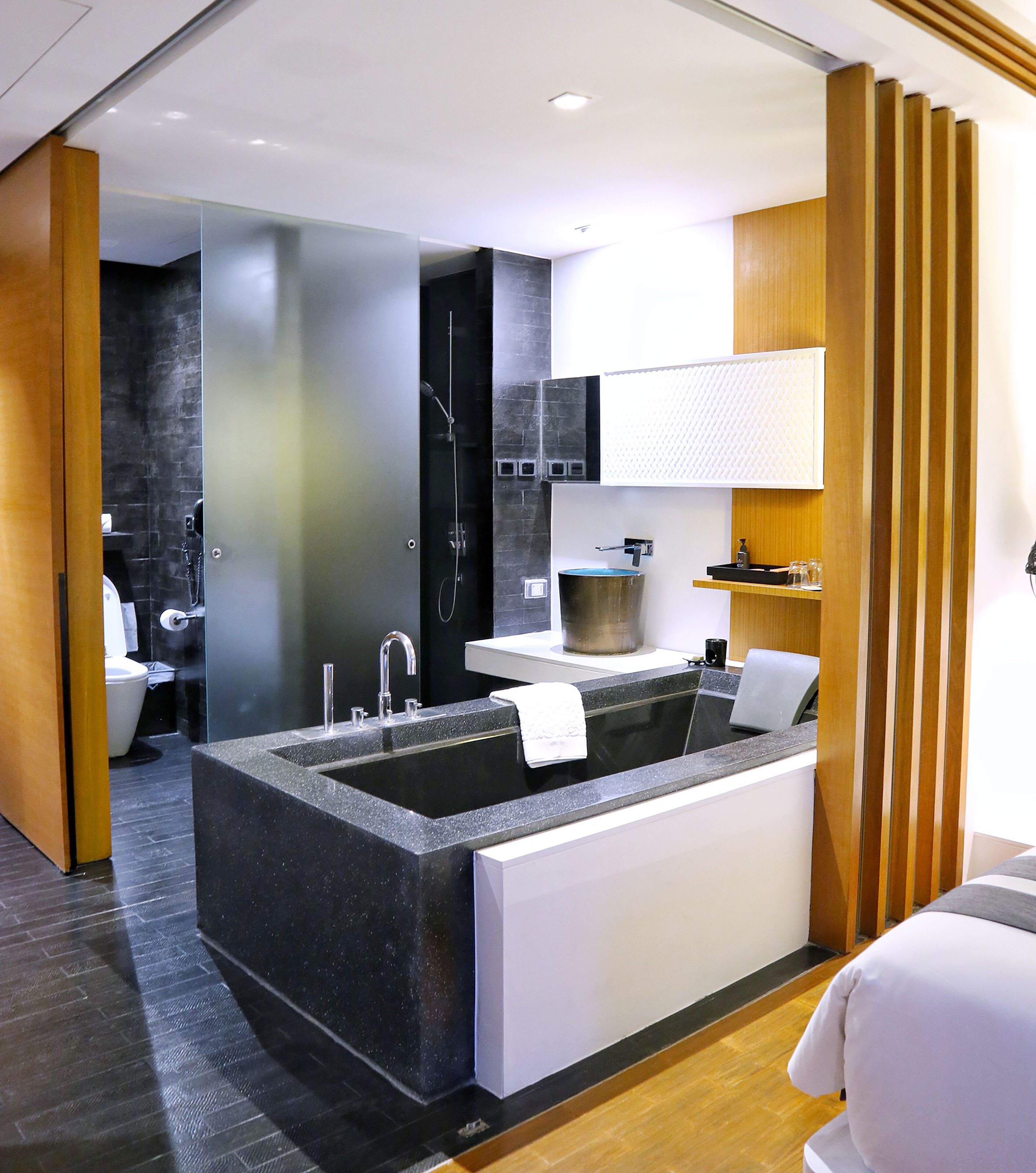 separate bathtub and shower, deep-soaking bathtub