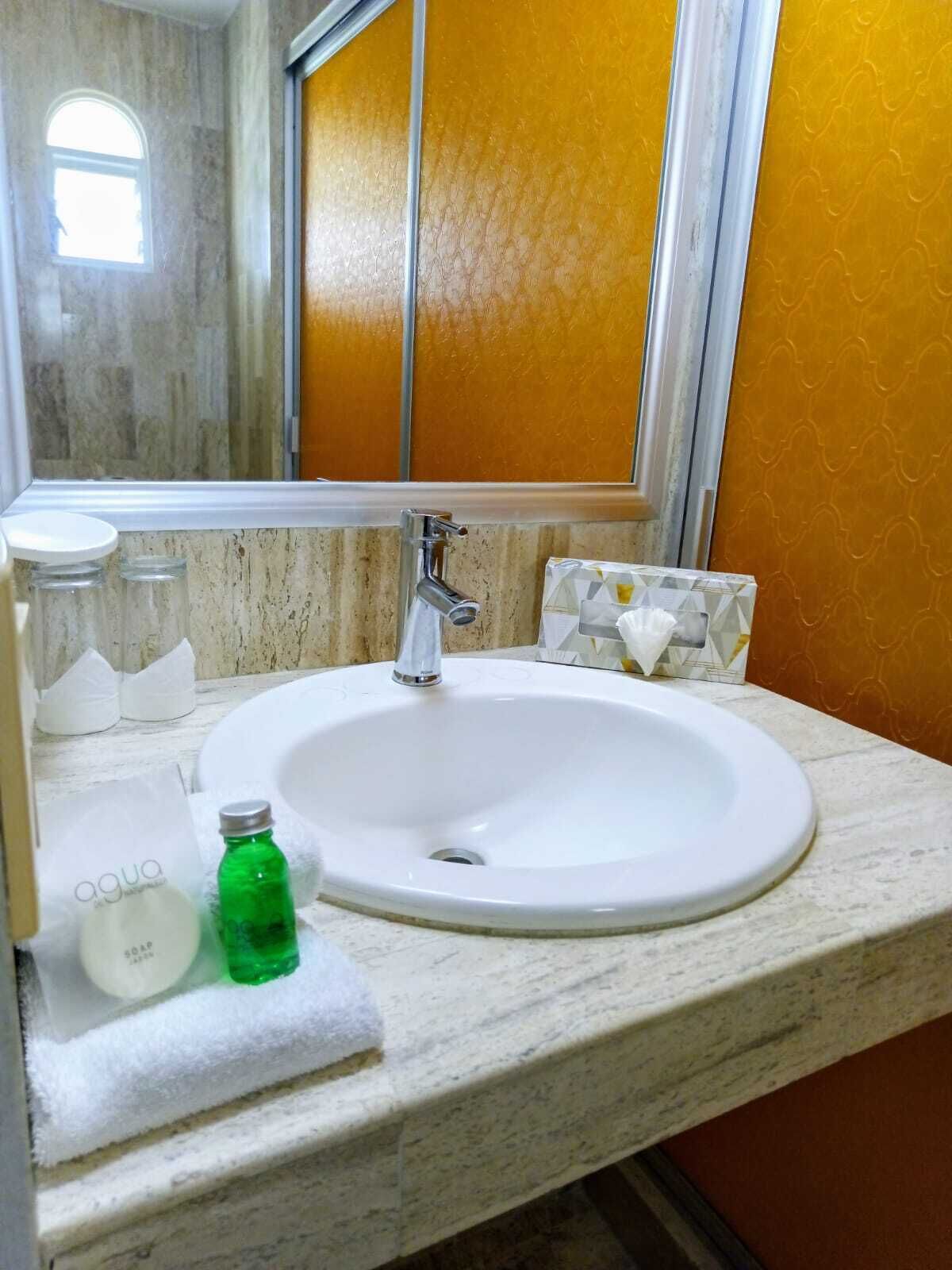 A bathroom with a white sink, a mirror, and a towel rack.