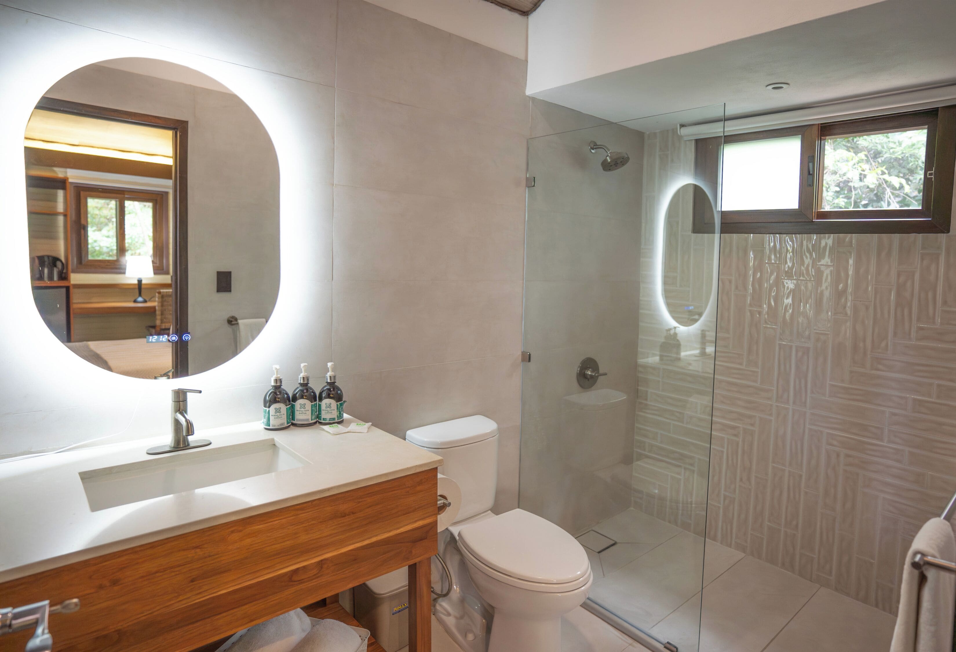 mountain room | bathroom | shower, hair dryer, towels, soap