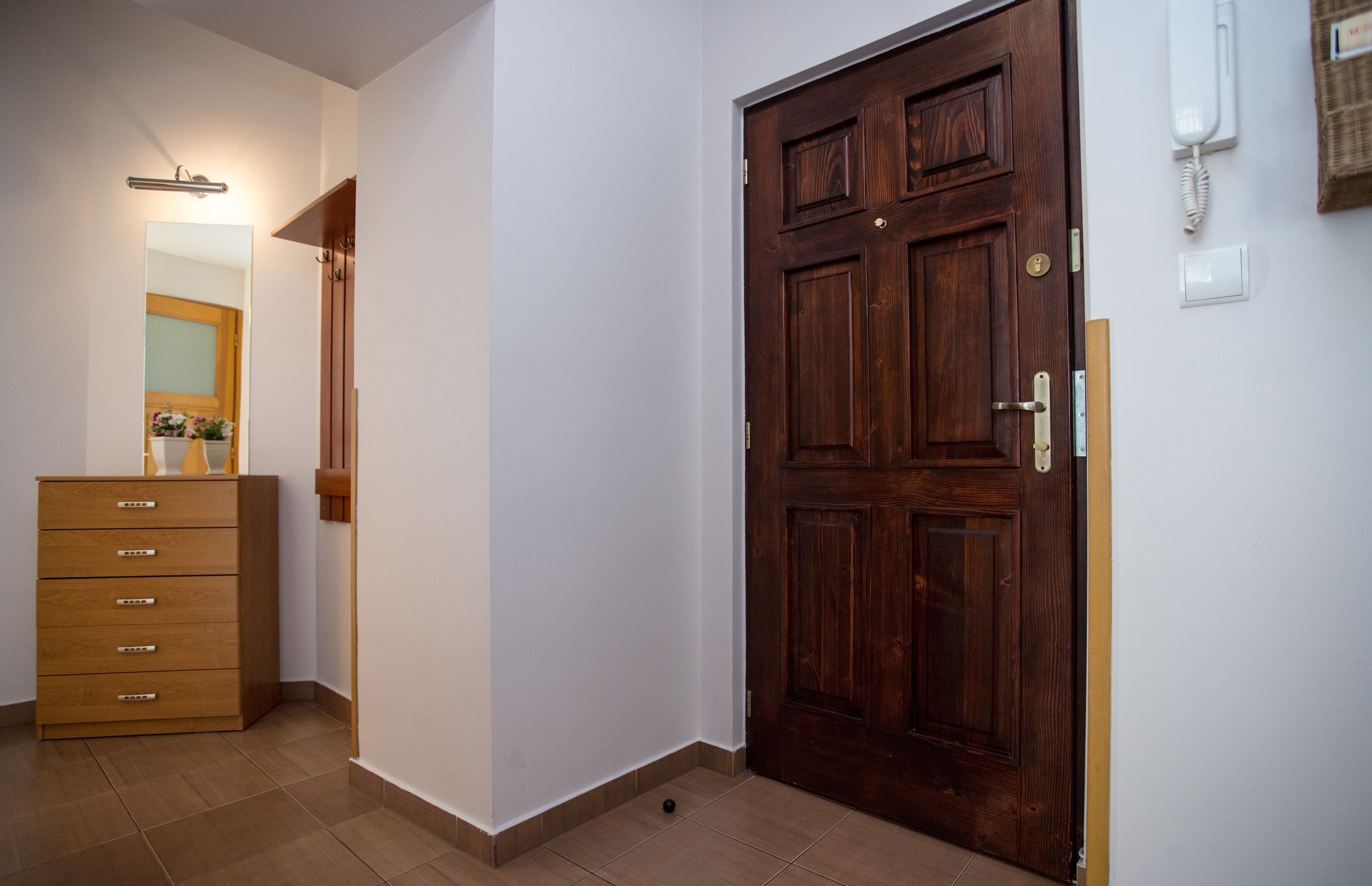 A room with a wooden door, a wooden dresser, and a mirror.
