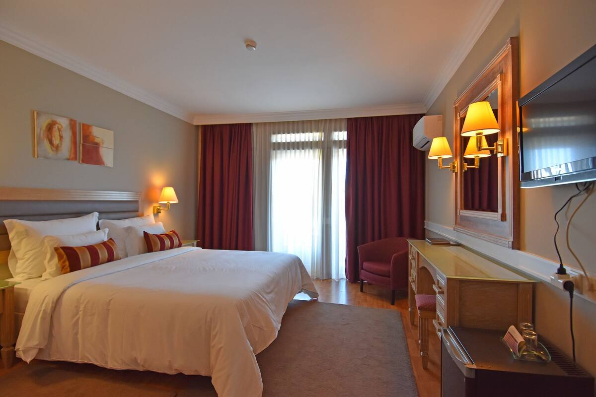 Une chambre d’hôtel avec un grand lit, un bureau avec une chaise, une télévision et une fenêtre avec des rideaux.