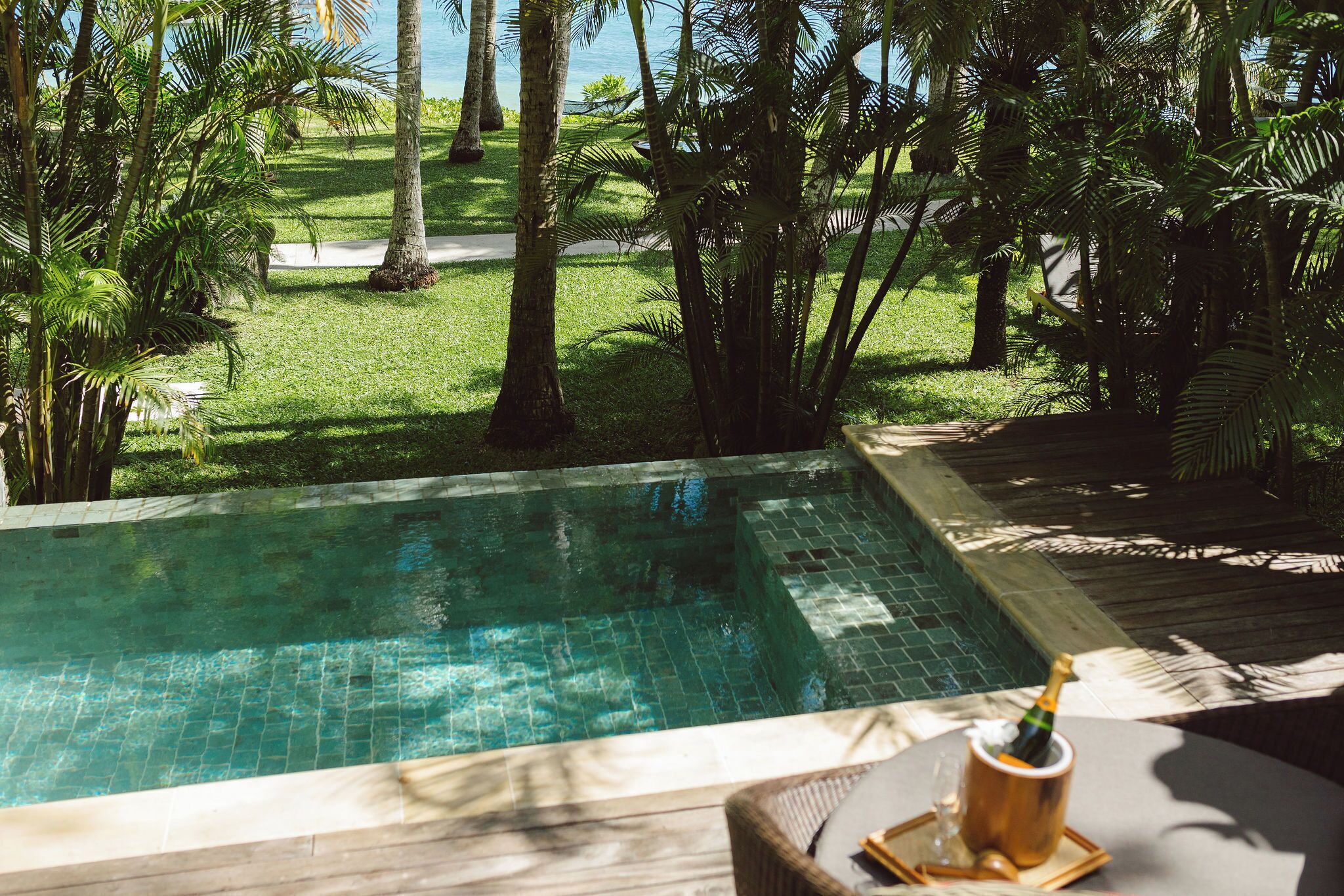 An infinity pool with a clear view of the ocean, surrounded by lush greenery and palm trees.