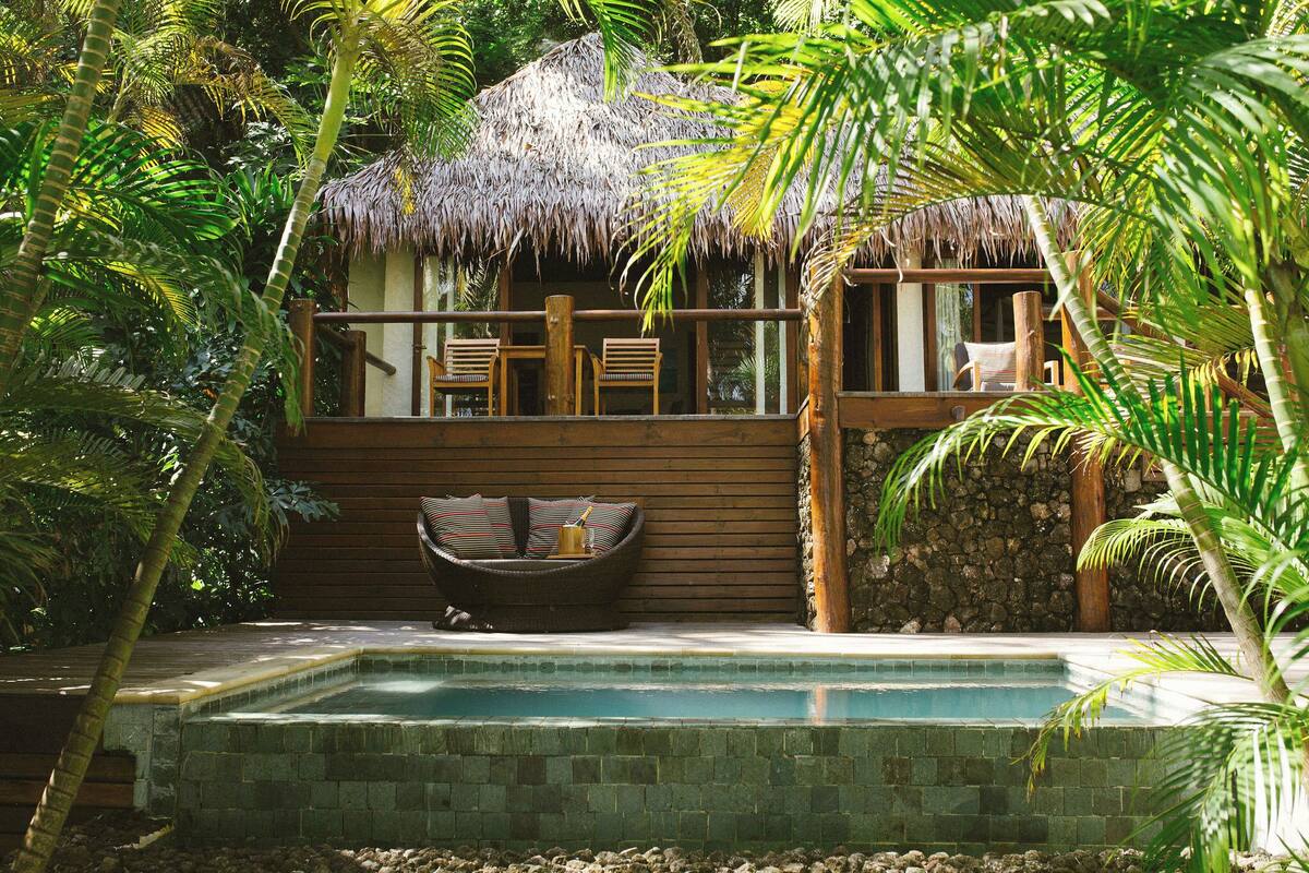 A poolside area with a thatched-roof structure, wooden deck, and a stone wall.