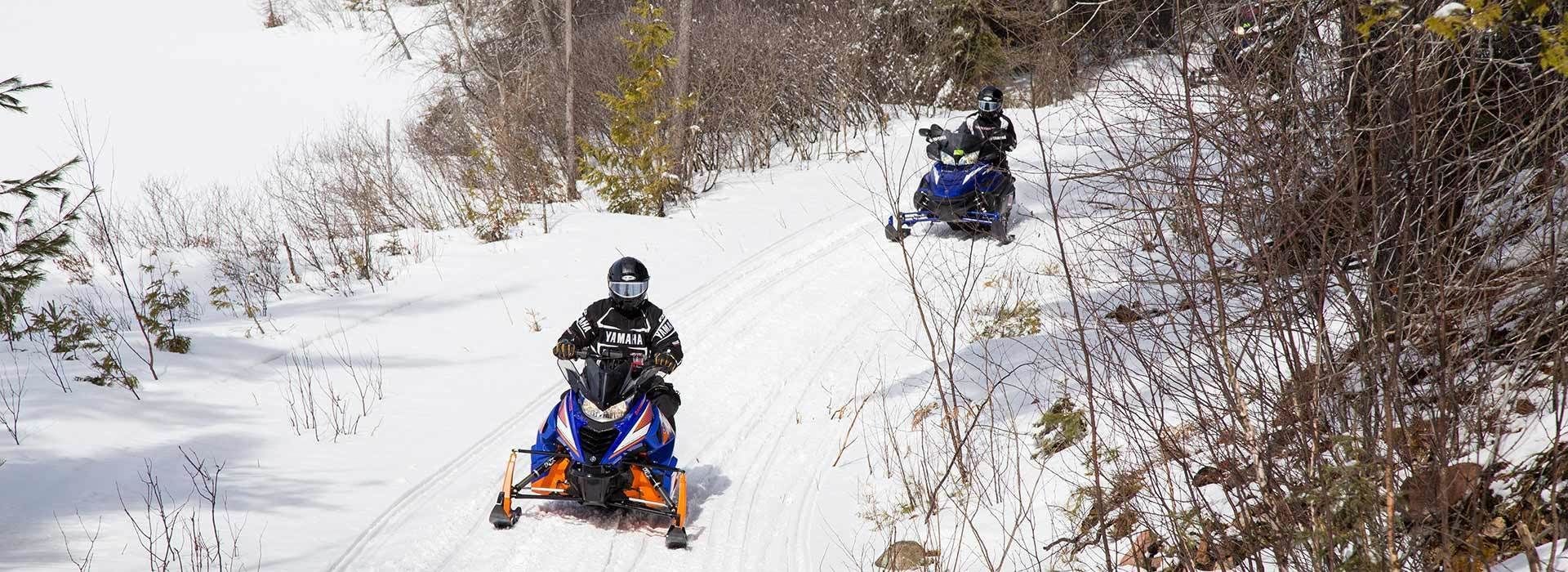 Two snowmobiles on a snowy trail surrounded by trees.