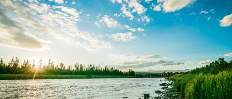 Ein Fluss mit felsigem Ufer und einem Wald im Hintergrund.