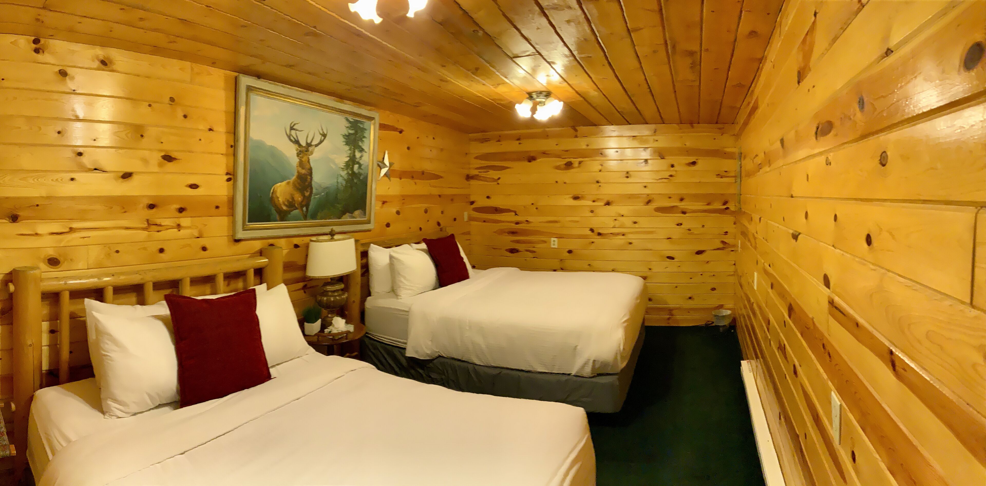 Une cabane avec deux lits, des murs en bois, un tableau représentant un cerf et une petite table avec une lampe.