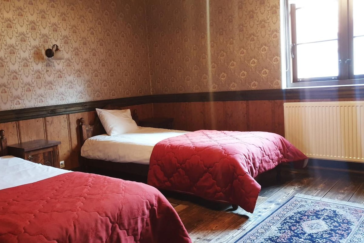 Quarto com duas camas, cabeceira de madeira, radiador e parede estampada.