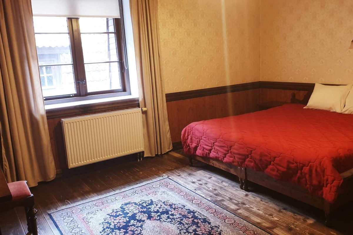 A bedroom with a bed, a window with curtains, a radiator, and a patterned rug.