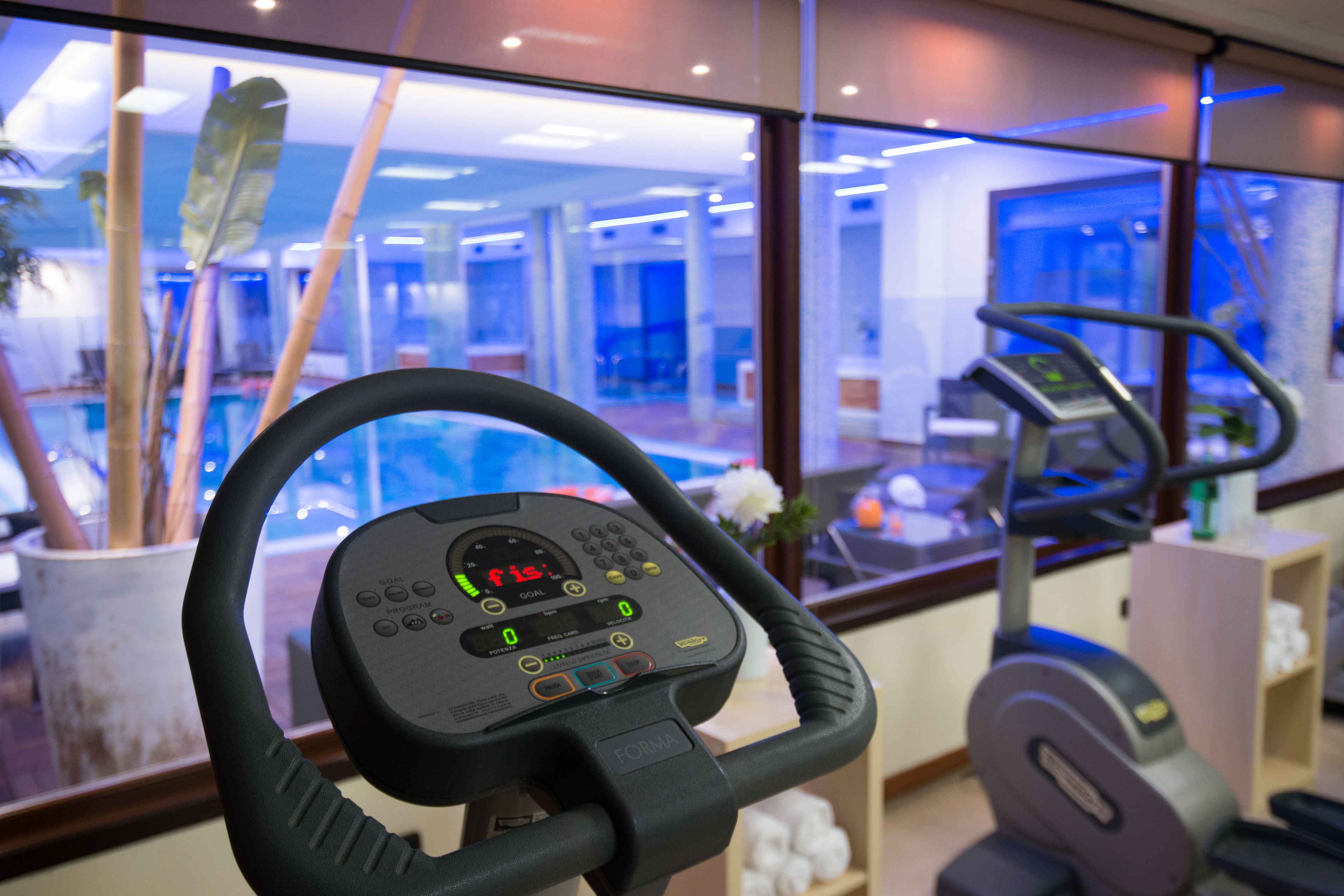 Un gimnasio con equipo de ejercicio, incluyendo una cinta de correr y una máquina de remo, con vista del interior y una ventana al exterior.
