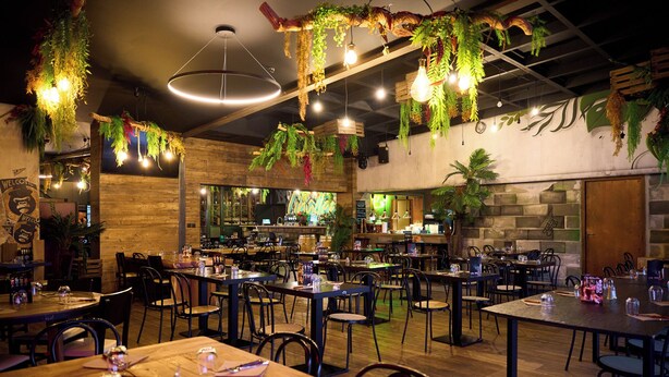 A restaurant with wooden tables and chairs, hanging plants, and a bar area. -  In Jungle hôtel (Beauvallon)