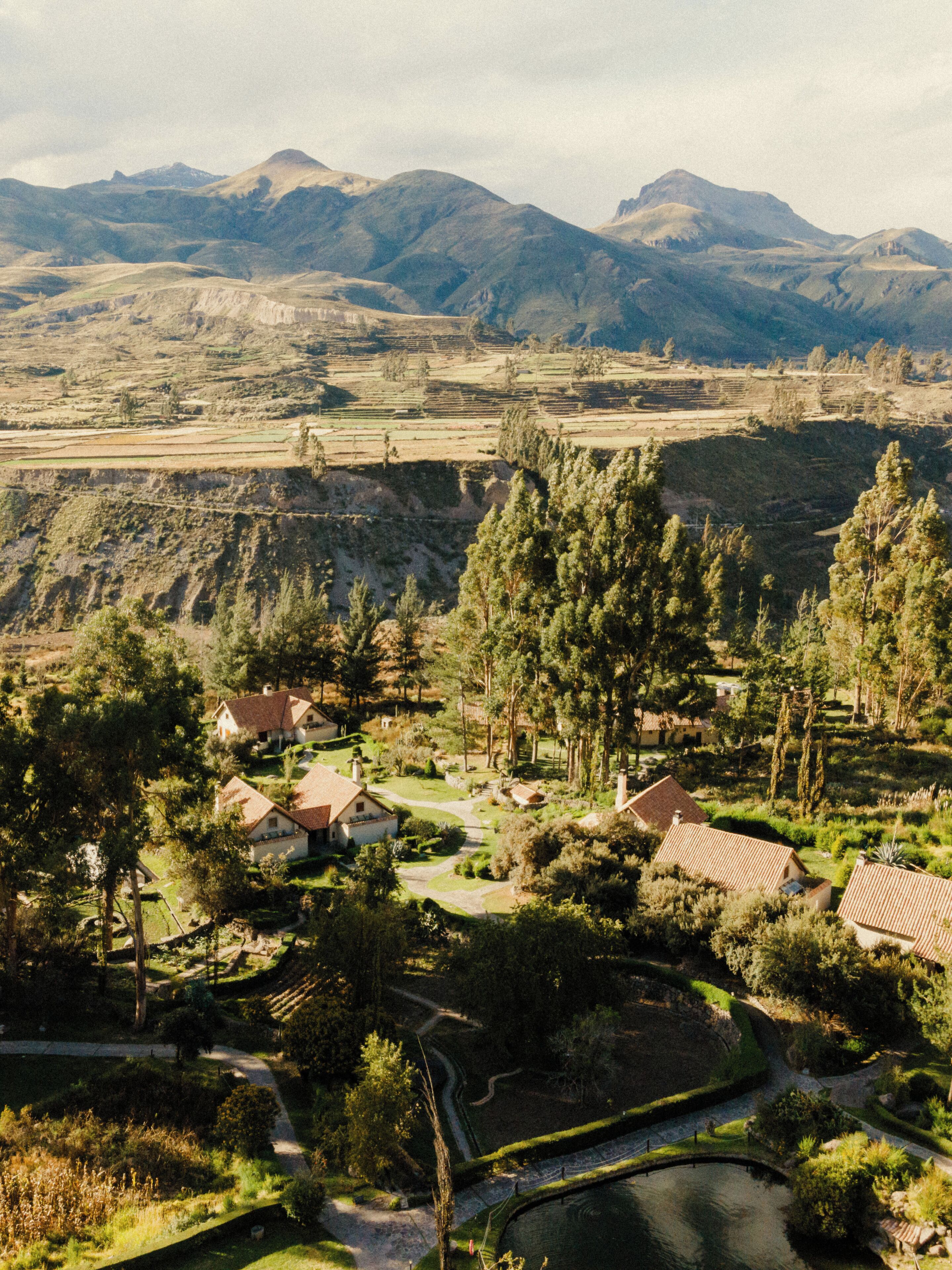Zona residencial con campos en terrazas, casas con techos de tejas rojas y montañas al fondo.