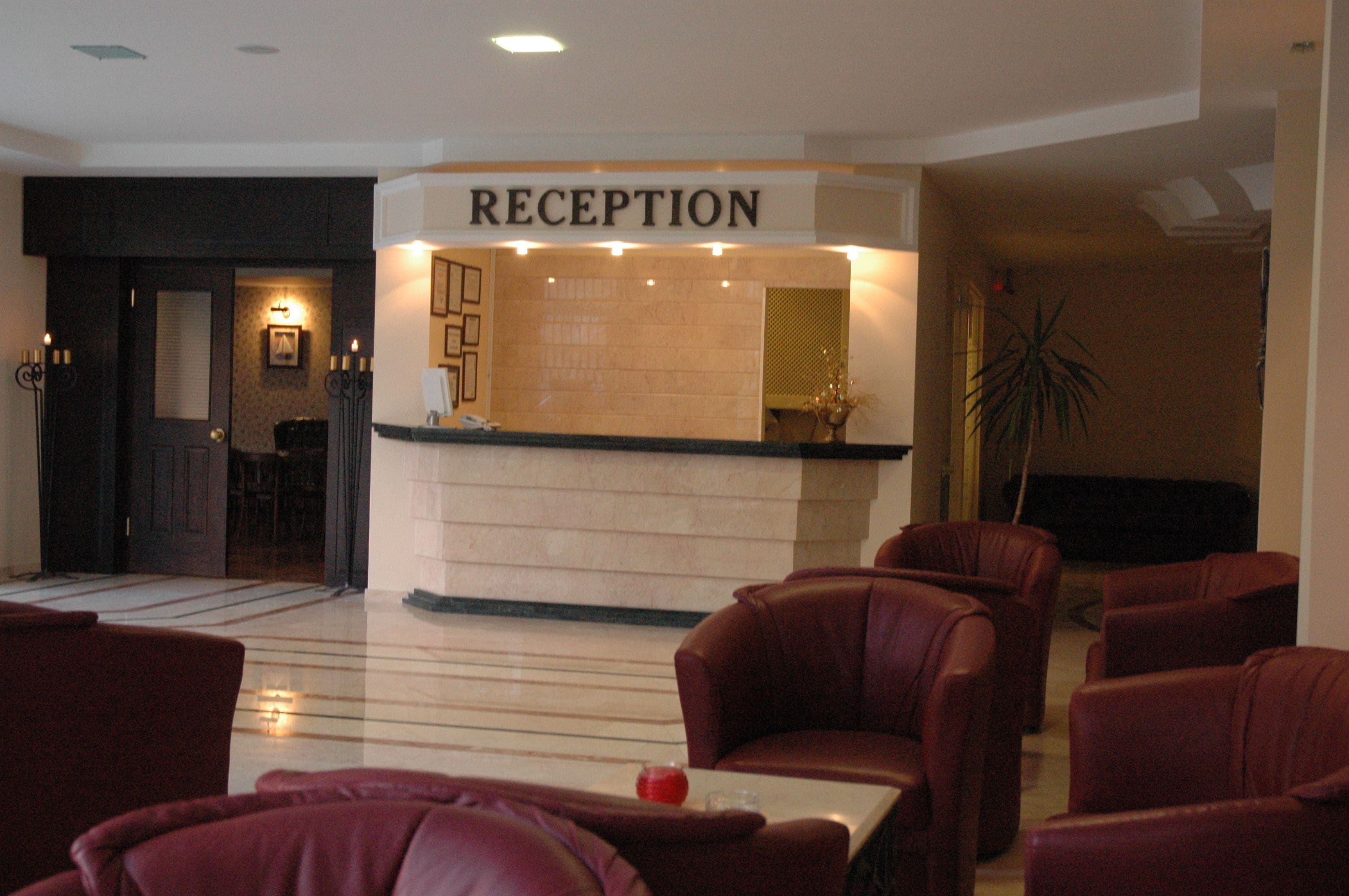 A reception area with a reception desk, leather chairs, and a potted plant.