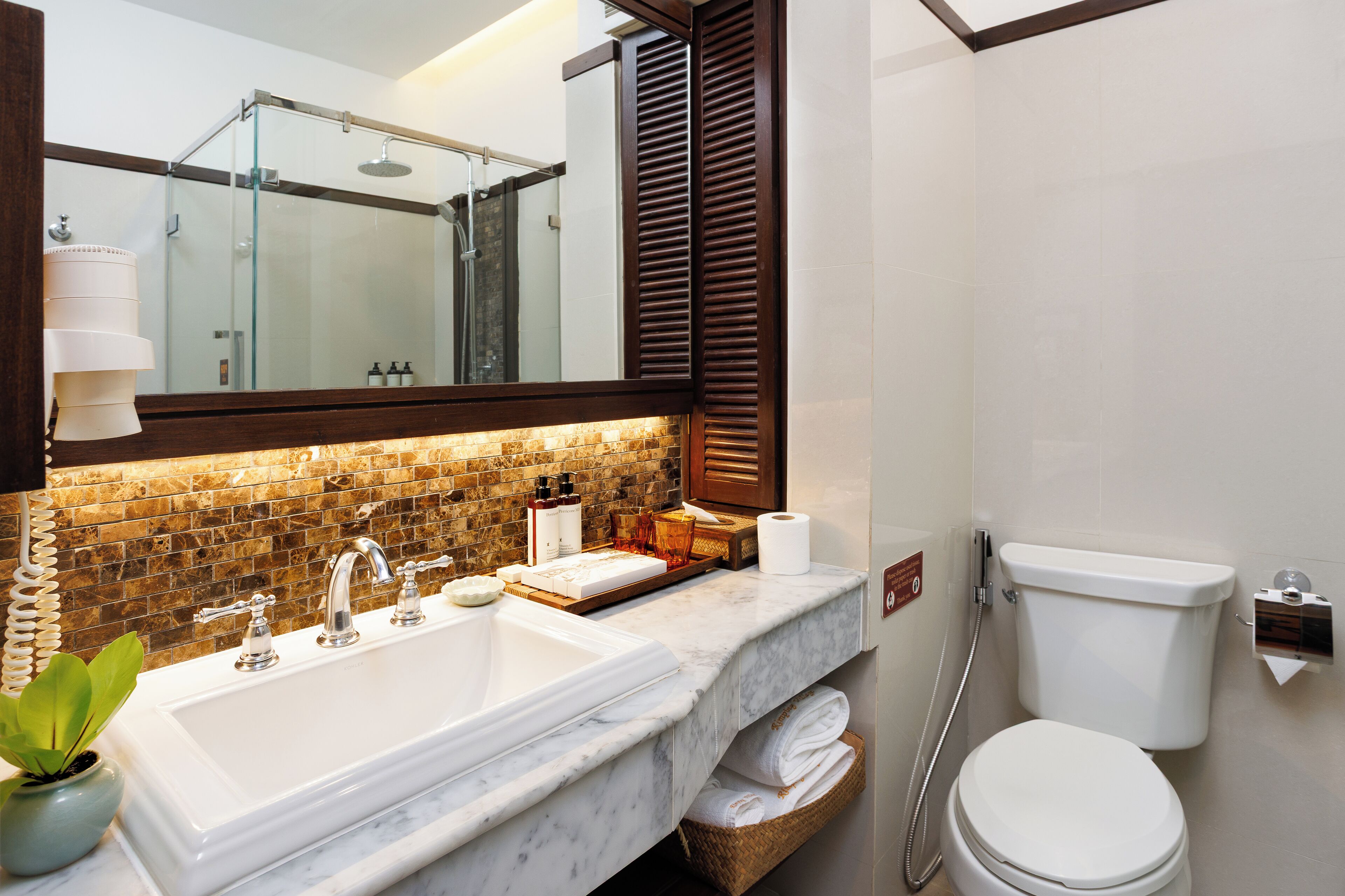 superior double room | bathroom | designer toiletries, hair dryer, slippers, towels