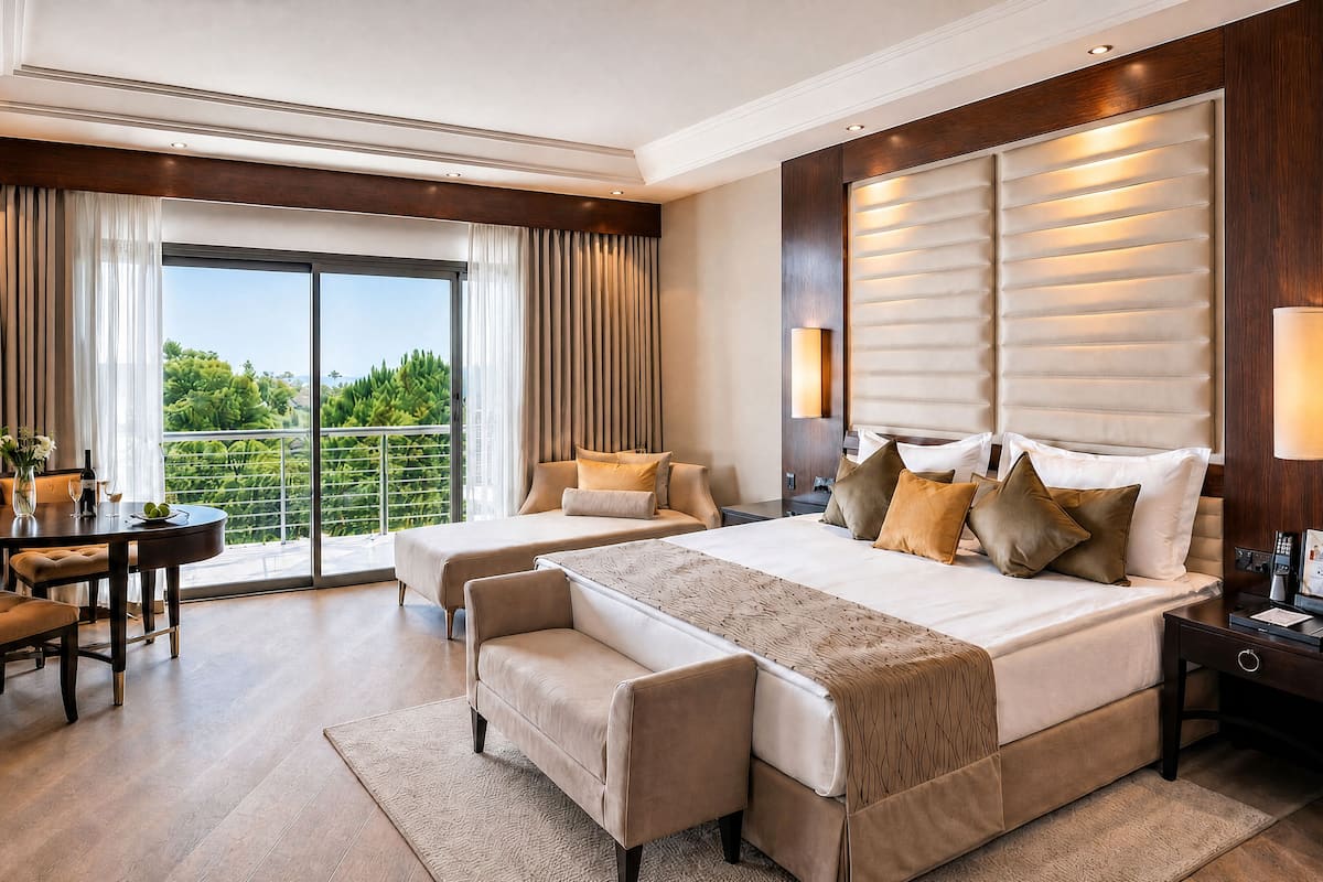 A hotel room with a large bed, two bedside tables, a desk with a chair, a TV, and a balcony with curtains.