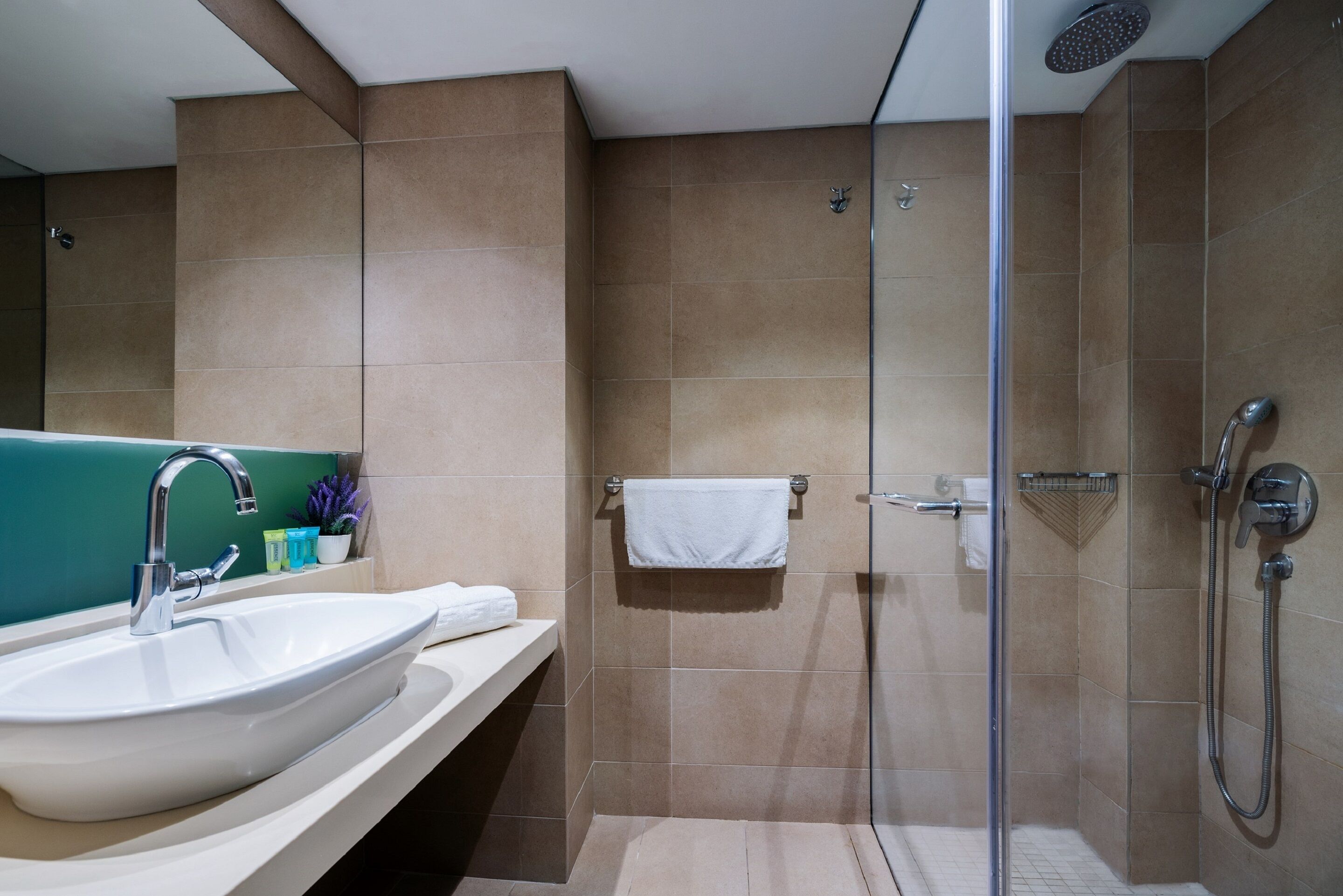 Une salle de bain avec un grand lavabo, une douche à parois de verre et un porte-serviettes.