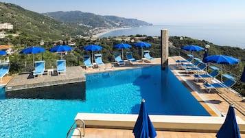 Seasonal outdoor pool, pool umbrellas, sun loungers