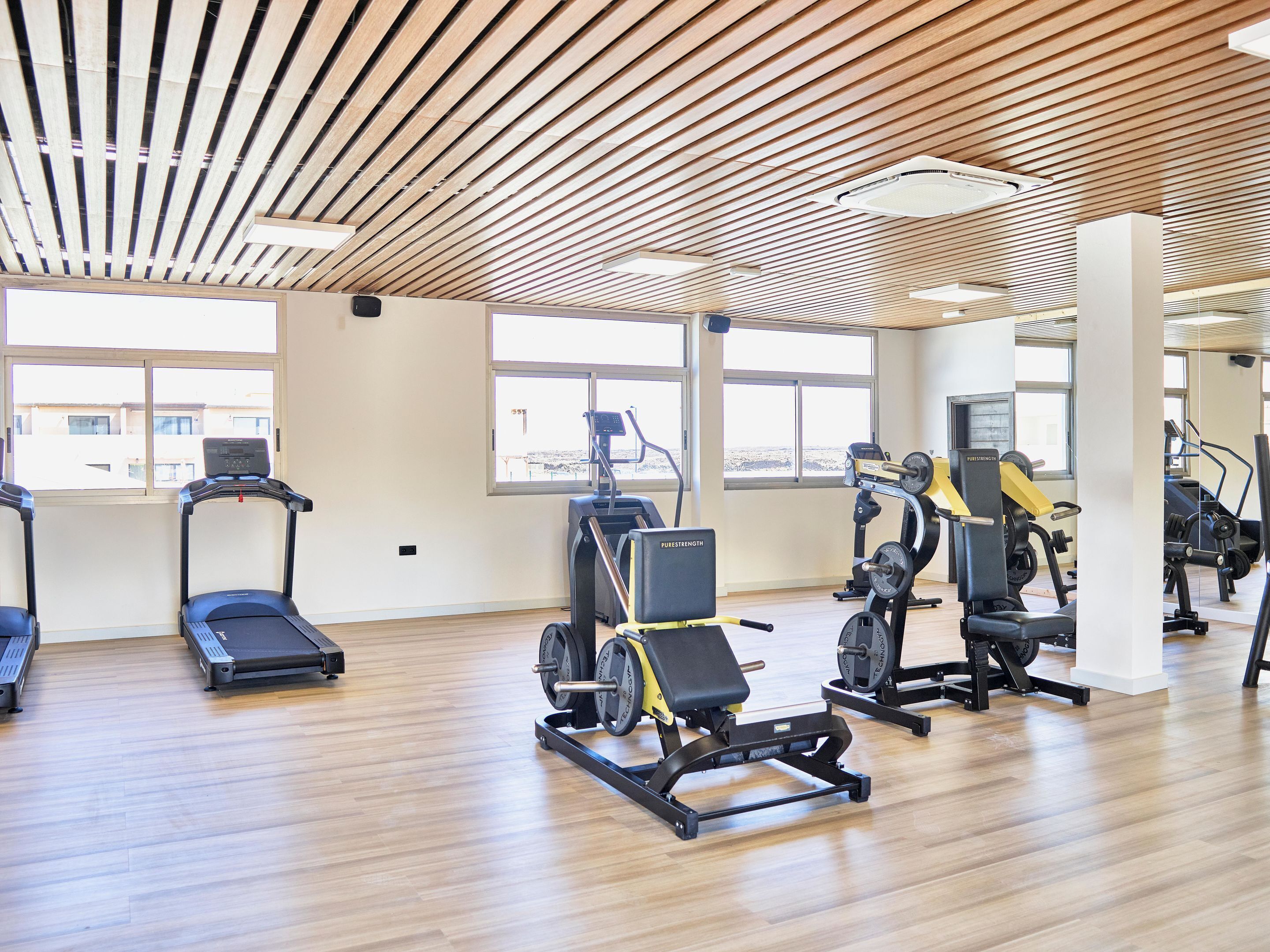 A gym with treadmills, weight machines, and a wooden ceiling.