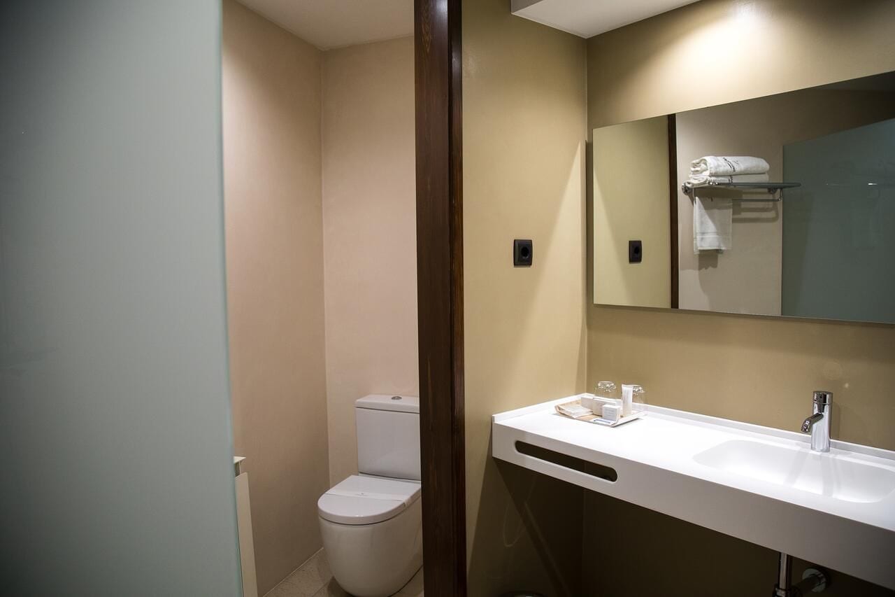 A bathroom with a toilet, a sink, and a mirror.