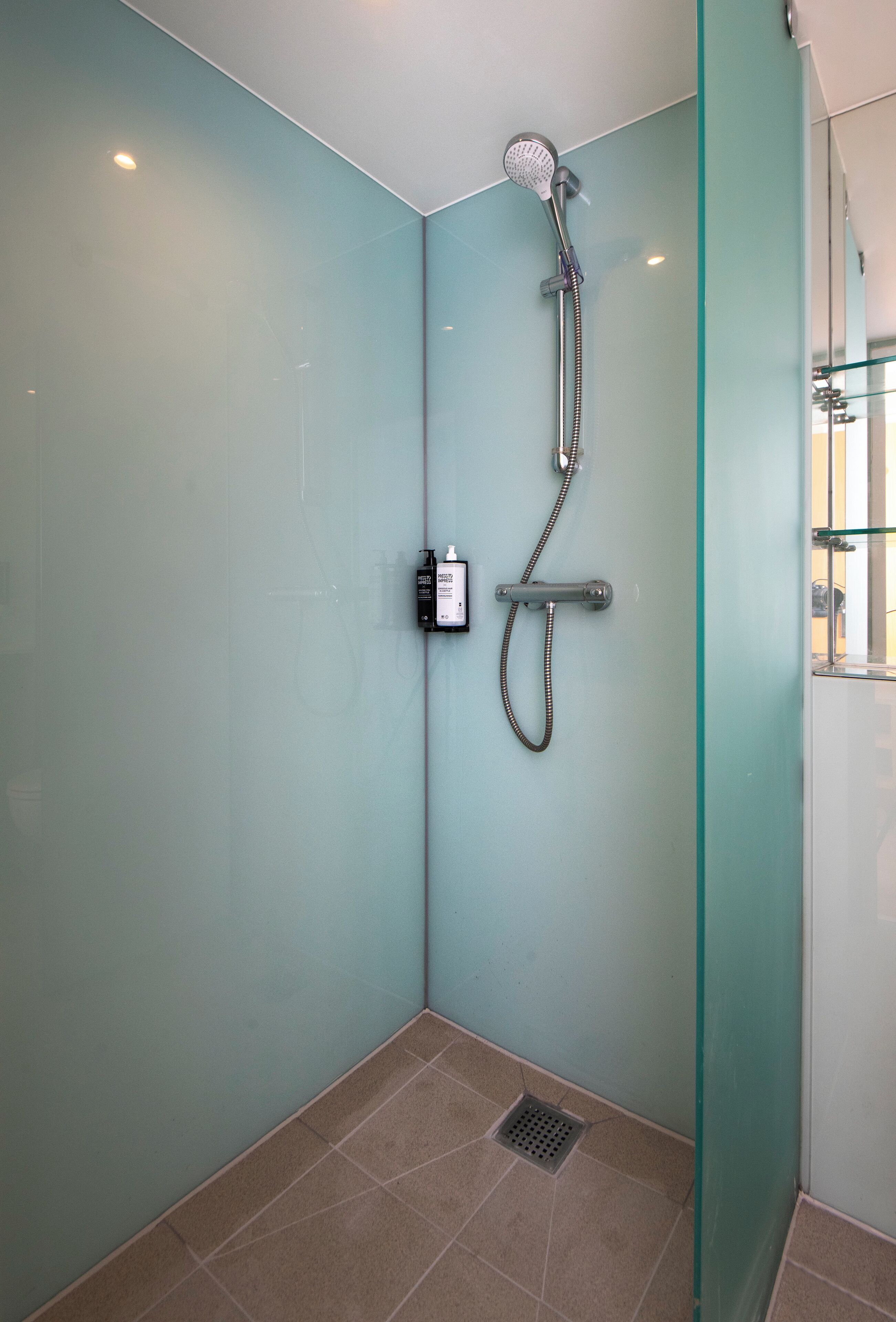 A glass-enclosed shower area with a handheld showerhead and a control panel.
