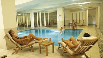 Indoor pool, outdoor pool, pool umbrellas, sun loungers