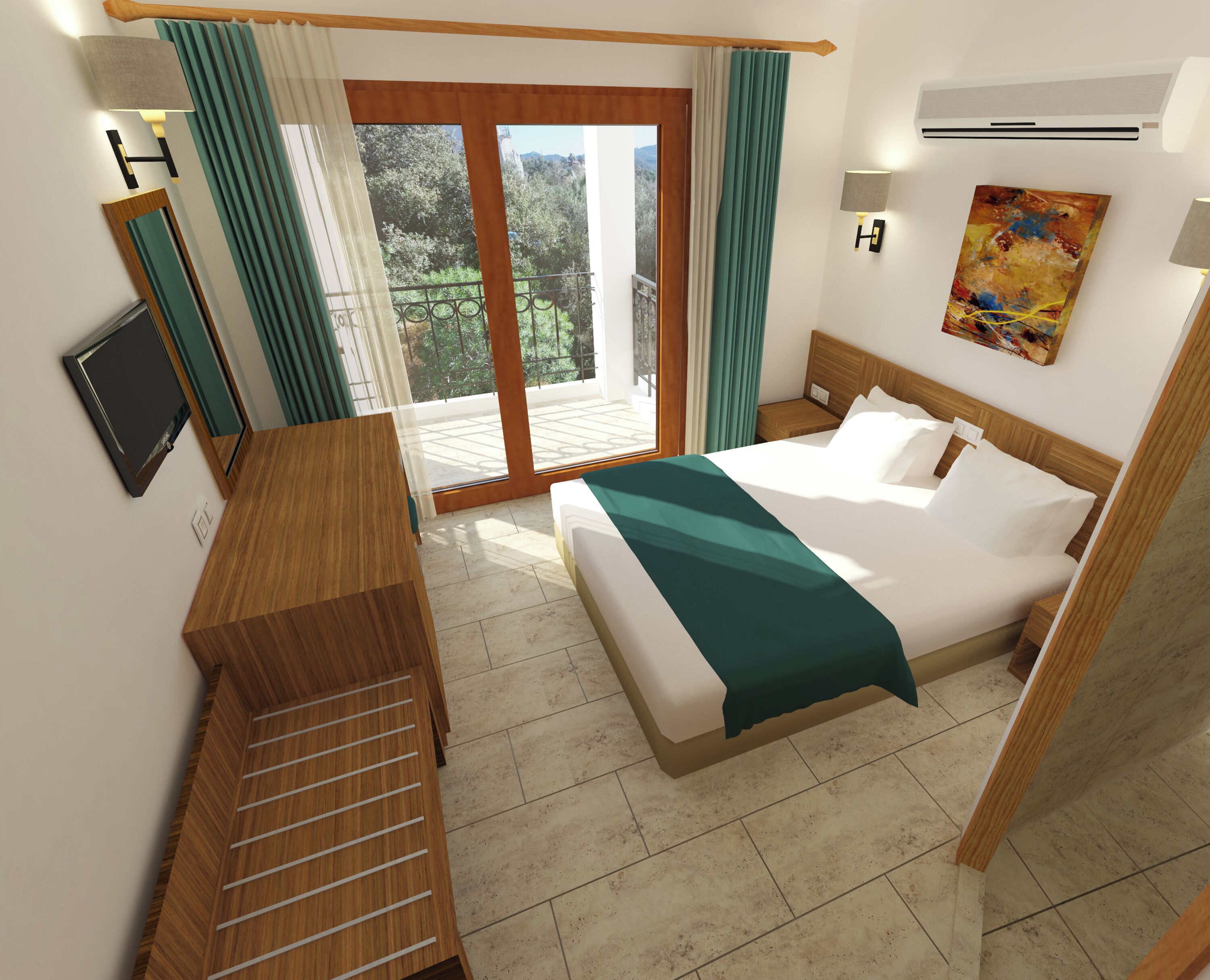 A hotel room with a bed, a desk, a TV, a painting, and a view of greenery through the window.