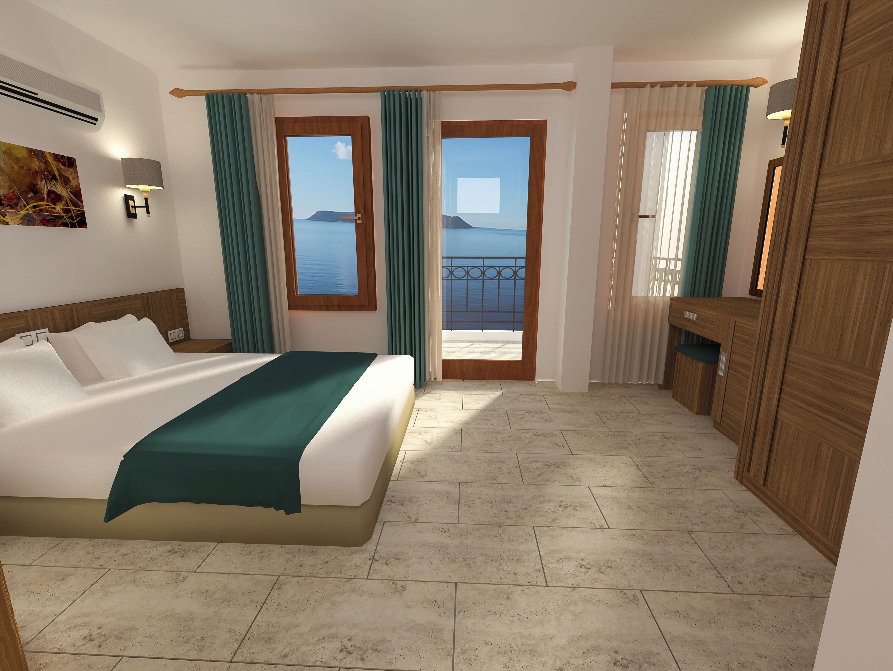 A hotel room with a bed, a desk, a view of the sea, and a balcony.