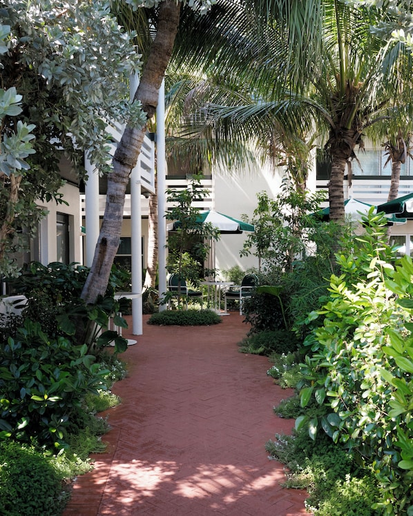 A pathway flanked by lush greenery, palm trees, and a building with a white facade.