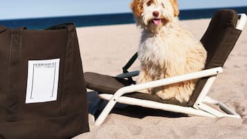 Beach nearby, white sand, beach umbrellas, beach towels
