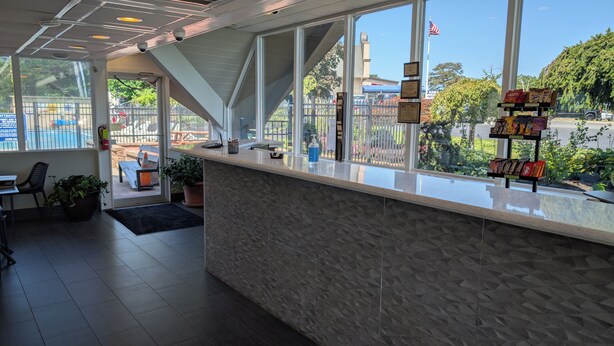 Zona de recepción con mostrador, plantas en macetas y vistas al exterior.