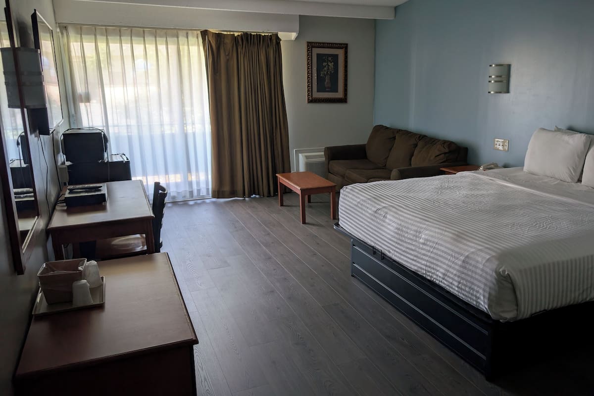 Habitació d'hotel amb llit, escriptori, cadira, sofà i taula petita.