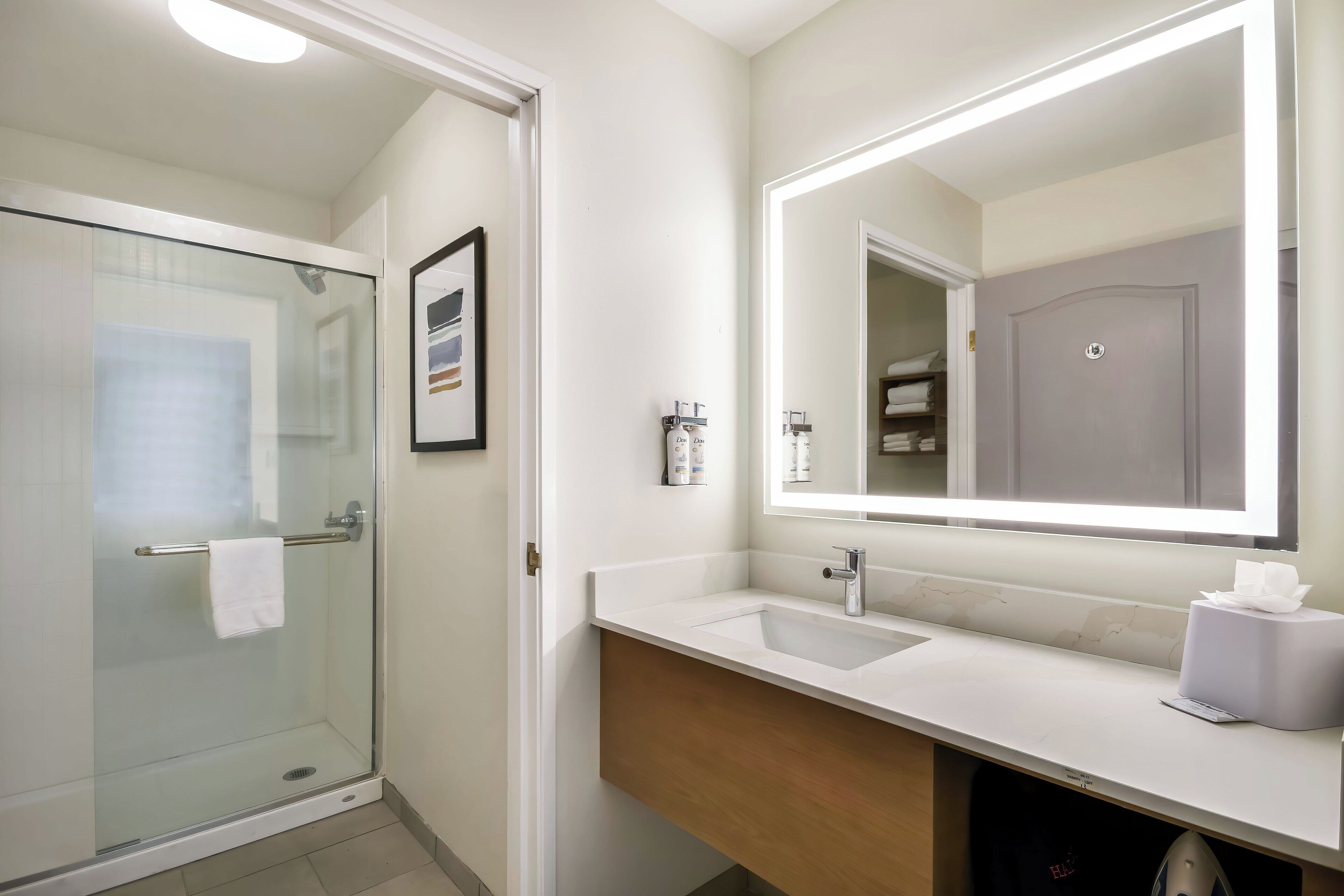 Une salle de bain moderne avec une douche à parois de verre, un meuble-lavabo et un grand miroir.