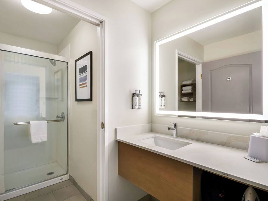A modern bathroom with a glass shower enclosure, a vanity with a sink, and a large mirror.