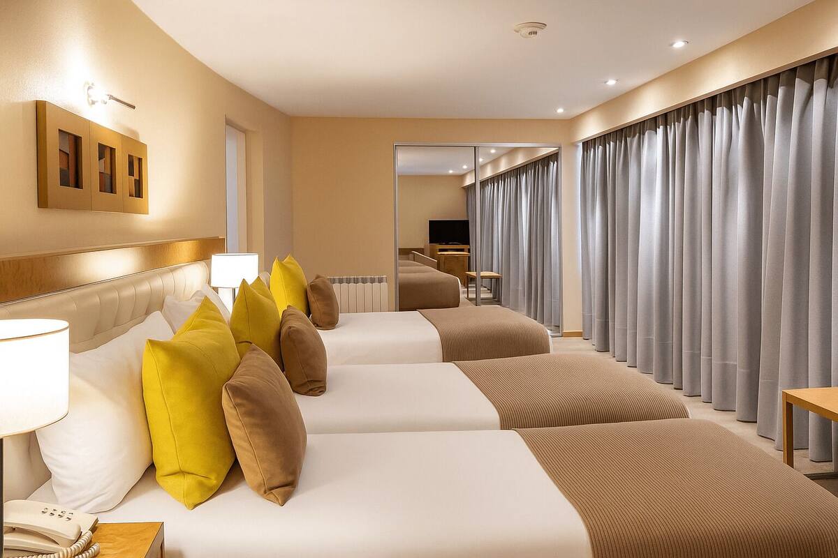 Ein Hotelzimmer mit einem großen Bett, einem Nachttisch mit Lampe und einem Telefon.