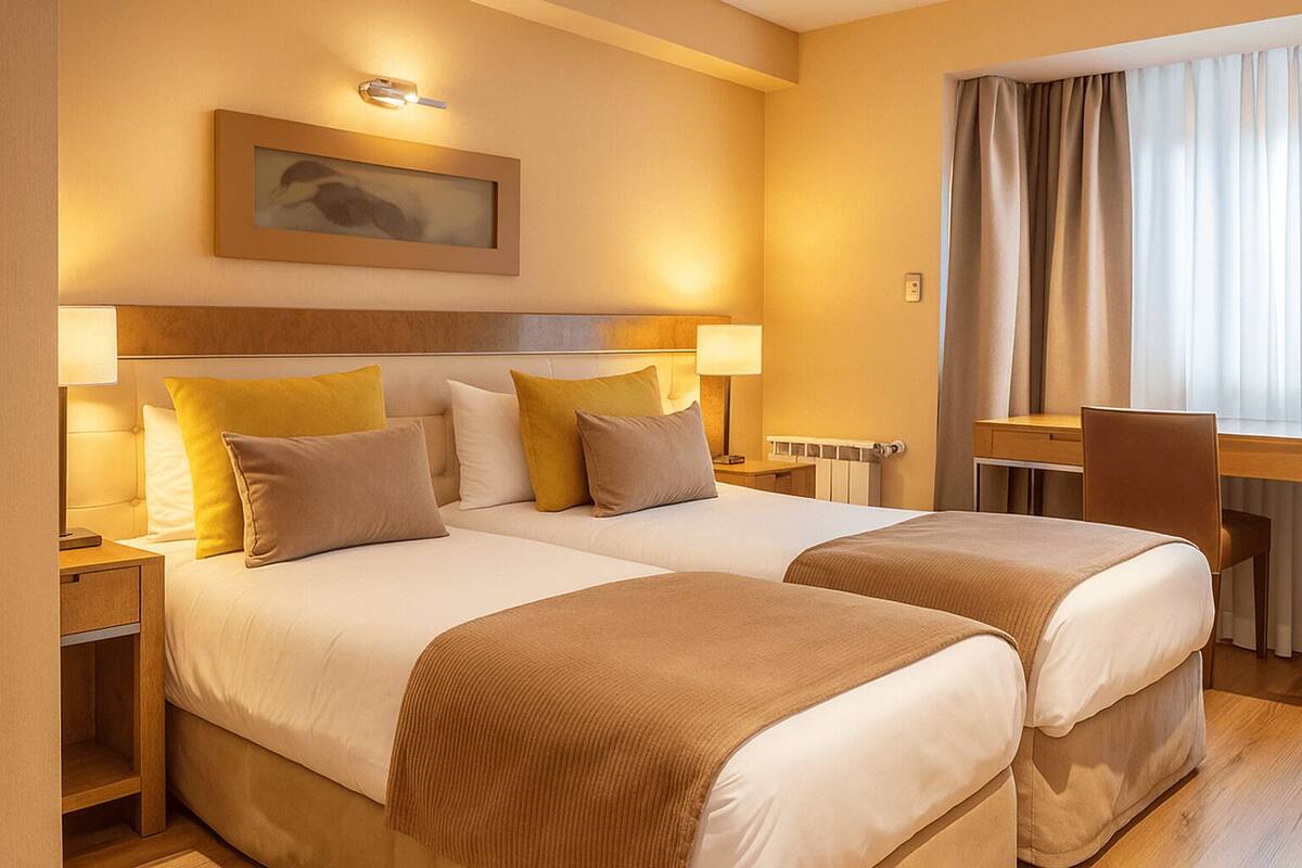 Ein Hotelzimmer mit zwei Betten, einem Schreibtisch und einem Stuhl.