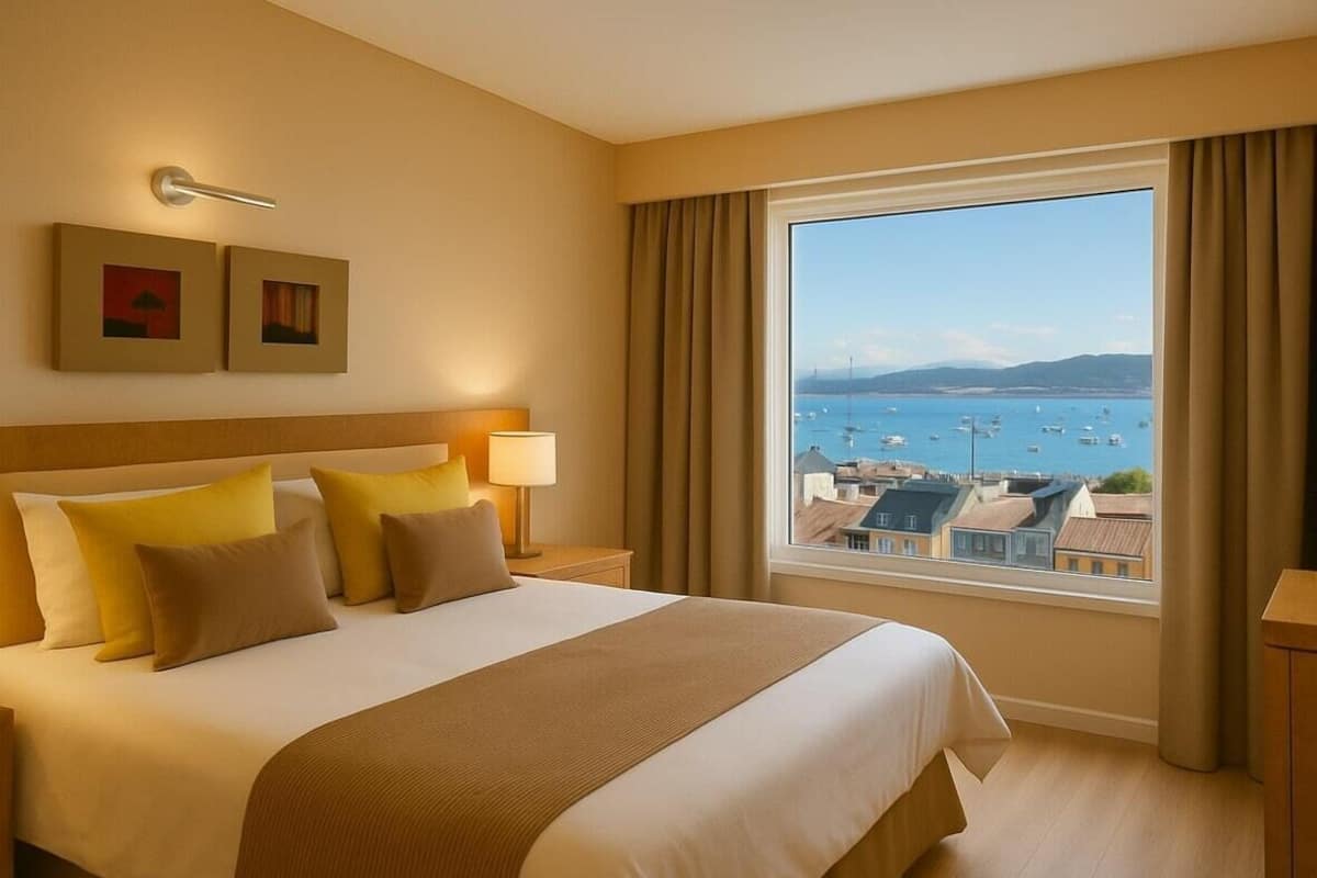 Ein Hotelzimmer mit einem großen Bett, zwei Nachttischlampen, Blick auf das Meer und Gebäude sowie einem Fenster mit Vorhängen.