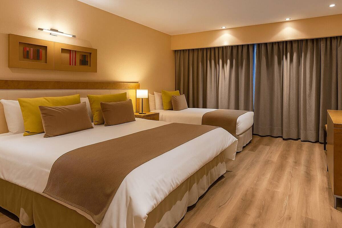 Ein Hotelzimmer mit zwei Betten, einem Schreibtisch, einer Lampe und einem großen Fenster mit Vorhängen.