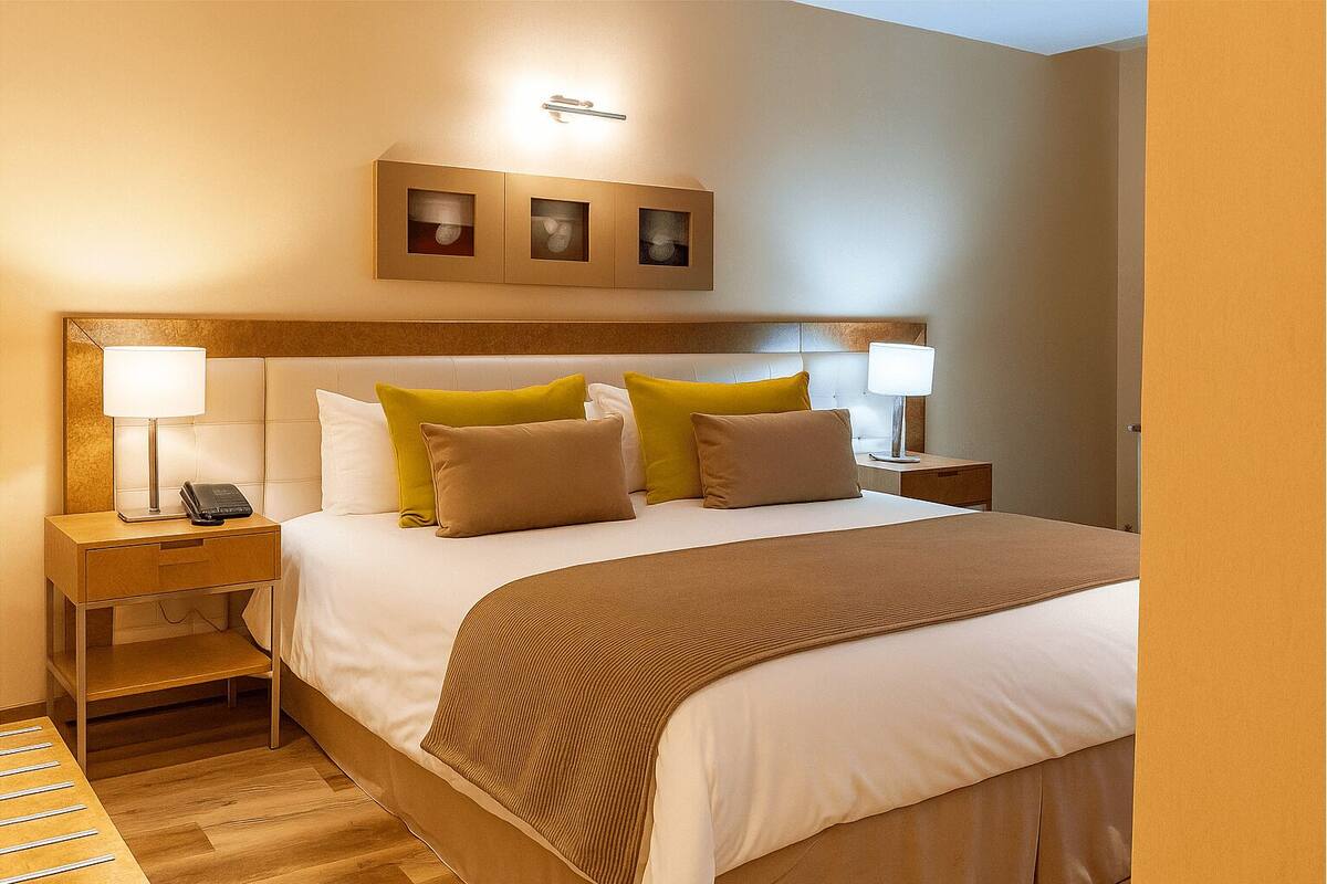 Ein Hotelzimmer mit einem Bett, zwei Nachttischen, einer Lampe, einem Telefon und einer Wandleuchte.