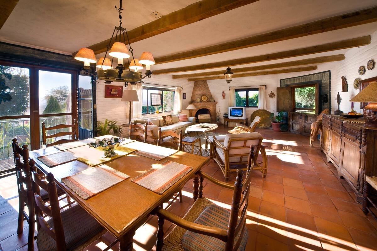 Une salle à manger spacieuse avec une table et des chaises en bois, une cheminée et un téléviseur.