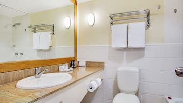 A bathroom with a sink, toilet, and a mirror.