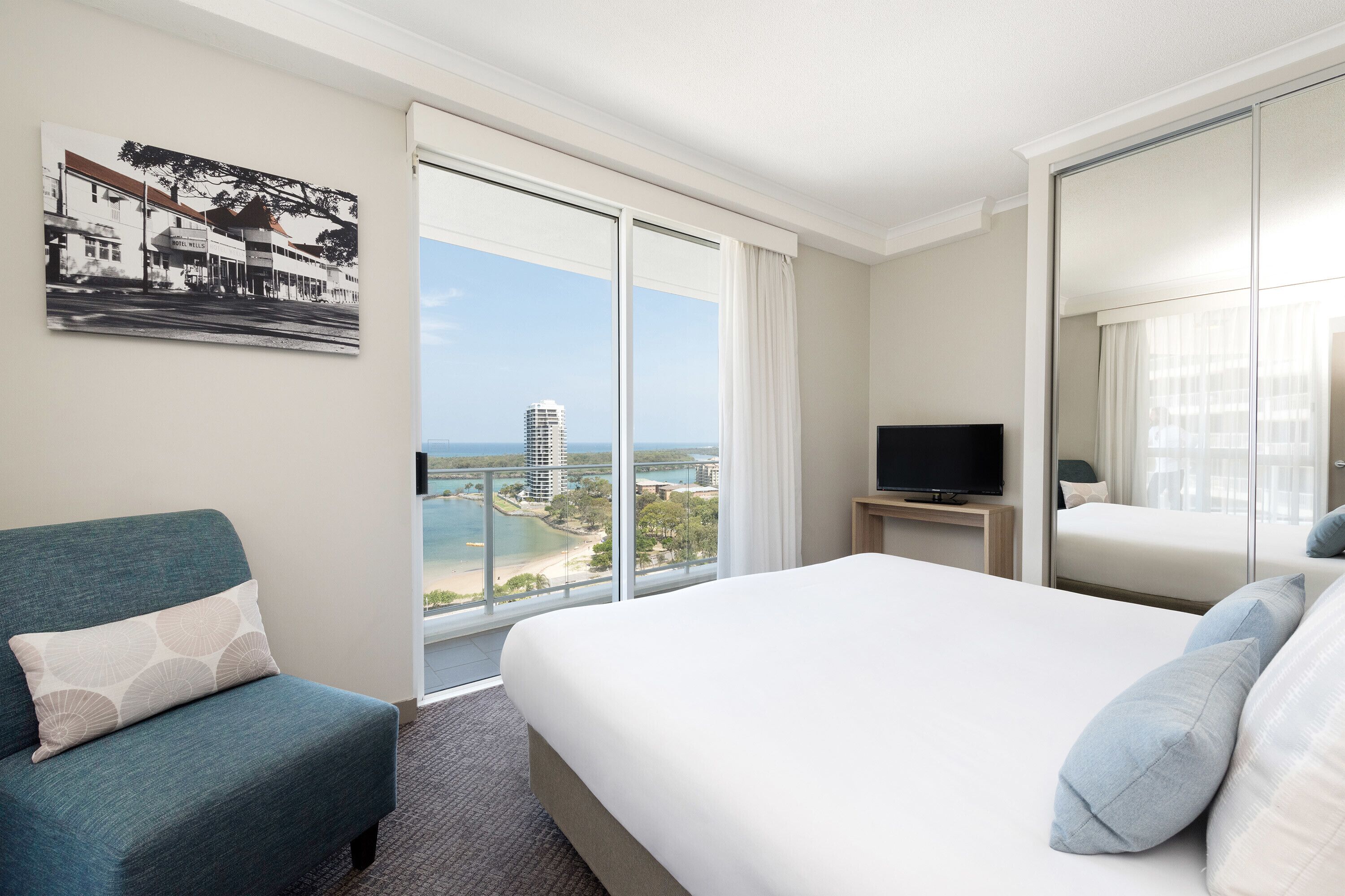 1 bedroom, desk, blackout curtains, iron/ironing board