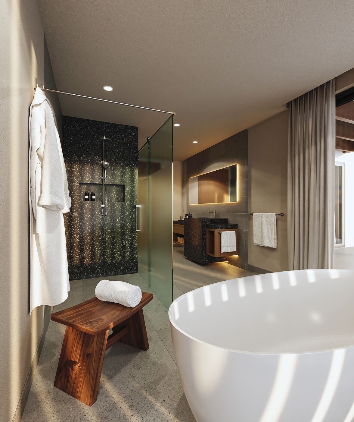 shower, free toiletries, hair dryer, bathrobes