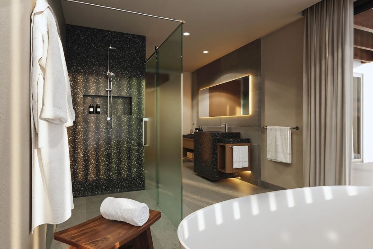 shower, free toiletries, hair dryer, bathrobes