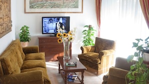 Un salon comprenant un canapé, un fauteuil, une table basse et un téléviseur. On y trouve également des plantes en pot et une carte encadrée accrochée au mur.