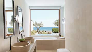 Separate bathtub and shower, deep-soaking bathtub, rainfall showerhead