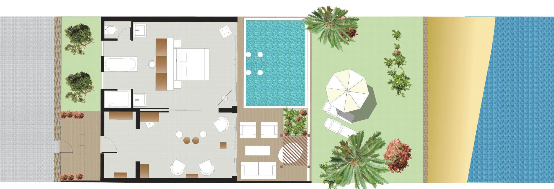 Distribución de una habitación de hotel con piscina, zona de estar exterior y vistas a la playa.